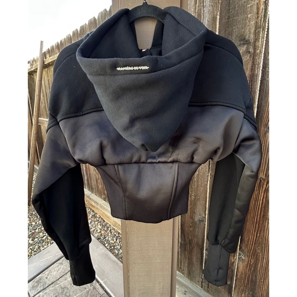 Manière De Voir Brune Corset Zip Hoodie Womens US 2 Black Satin NWT - Picture 3 of 16